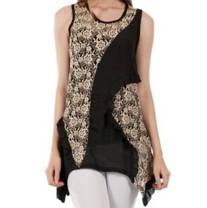 NWT Beige floral lace black sharkbite tunic top